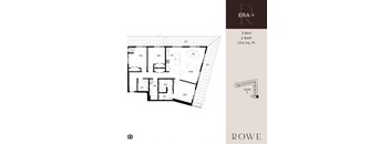A floor plan for a 3 bedroom, 2 bathroom apartment sized at 1,514 square feet.