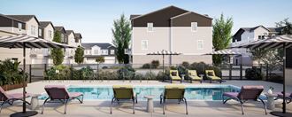 a swimming pool with lounge chairs and umbrellas in front of an apartment building
