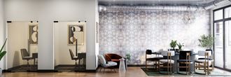 a room filled with furniture and a large window