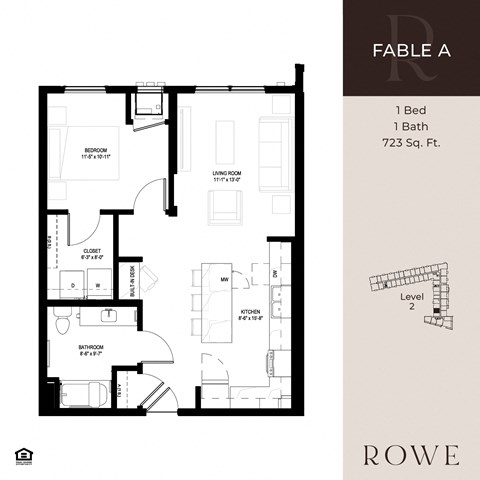 A black and white image of a floor plan for a one bedroom, one bathroom apartment.