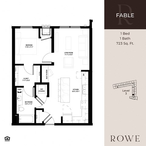 A floor plan for a one bedroom, one bathroom apartment at Rowe Fable.