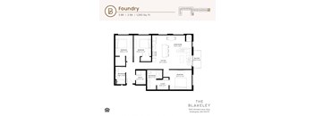 A floor plan for a Foundry apartment at The Blakeley shows a 3 bedroom, 2 bathroom apartment with a living room, kitchen, and closet.