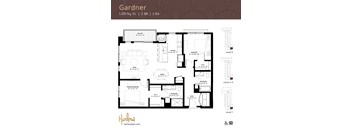 The Gardner floor plan, a two-bedroom two-bathroom floor plan at Harlow Apartments in Chanhassen.