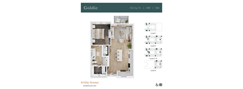 A top-down 3D view of the Goldie floor plan at Wixby House in Austin, TX.