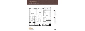 The Hayworth floor plan, a two-bedroom two-bathroom floor plan at Harlow Apartments in Chanhassen.