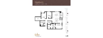 The Hepburn floor plan, a three-bedroom two-bathroom floor plan at Harlow Apartments in Chanhassen.