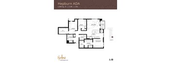 The Hepburn ADA floor plan, a three-bedroom two-bathroom floor plan at Harlow Apartments in Chanhassen.