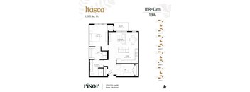 A floor plan for a 1,018 square foot apartment with a den and a balcony.