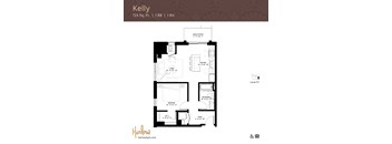 The Kelly floor plan, a one-bedroom one-bathroom floor plan at Harlow Apartments in Chanhassen.