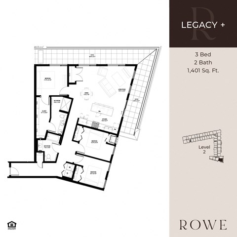 A floor plan for a property called Legacy shows a 3 bedroom, 2 bathroom apartment.