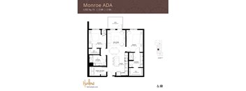 The Monroe ADA floor plan, a two-bedroom two-bathroom floor plan at Harlow Apartments in Chanhassen.
