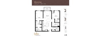 The Monroe floor plan, a two-bedroom two-bathroom floor plan at Harlow Apartments in Chanhassen.