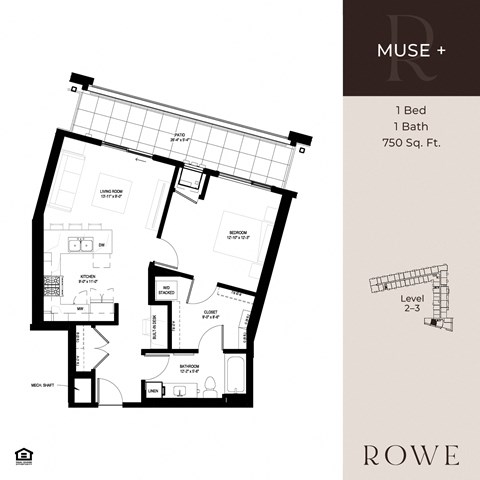 A floor plan for a MUSE+ property with one bedroom and one bathroom.