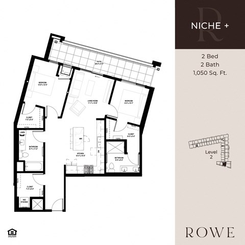 A floor plan for a two bedroom, two bathroom apartment sized at 1,050 square feet.