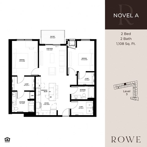 Floor plan of a 1,108 square foot, two-bedroom, two-bathroom apartment.