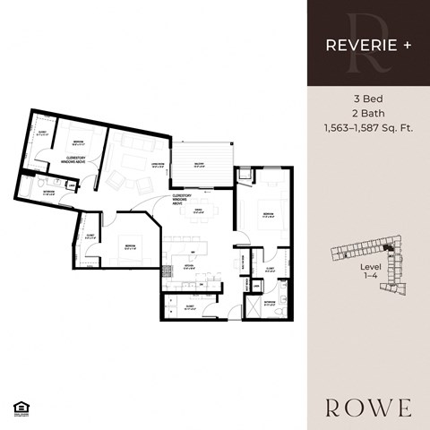 A floor plan for a property called Reverie shows three bedrooms and two bathrooms.