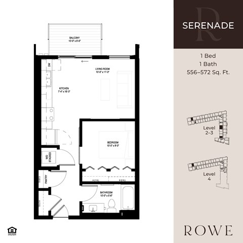 A floor plan for a one bedroom, one bathroom apartment at Serenade.