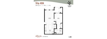 An image of the Slip ADA floor plan, a one-bedroom one-bathroom layout at Allers Landing in Austin, Texas.