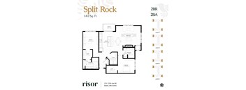 A floor plan for a 2-bedroom, 2-bathroom apartment at Split Rock.