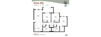 An image of the Stitch ADA floor plan, a three-bedroom two-bathroom layout at Allers Landing in Austin, Texas.