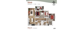 A top-down 3D view of the Stitch floor plan at Allers Landing in Austin, TX.