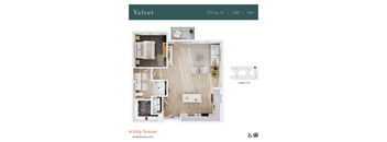 A top-down 3D view of the Velvet floor plan at Wixby House in Austin, TX.