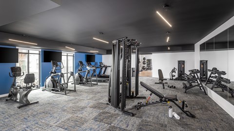 A gym with a variety of equipment including treadmills, weights, and exercise machines.
