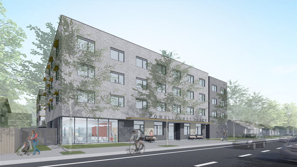 a rendering of a brick building on a city street