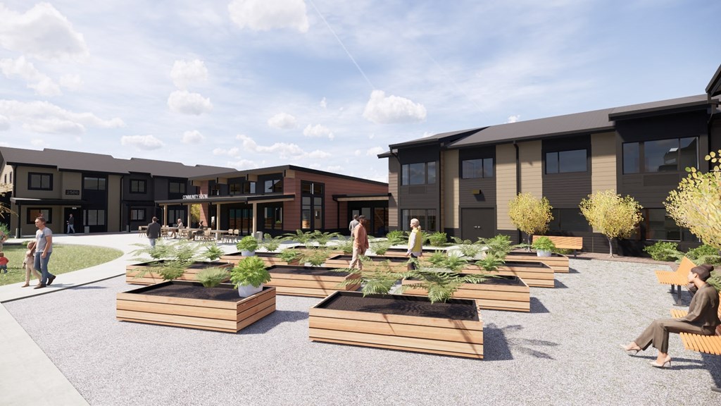 a rendering of a courtyard with wooden benches in front of apartment buildings
