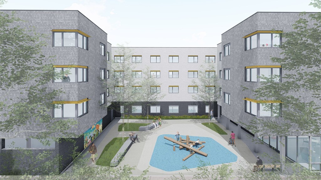 a rendering of a courtyard with a pool in the middle
