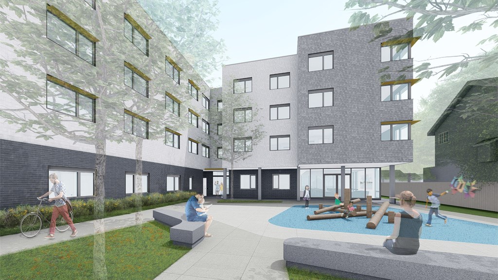 a rendering of a building with people in a courtyard