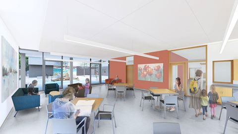 a rendering of a classroom with children and educators at tables and chairs