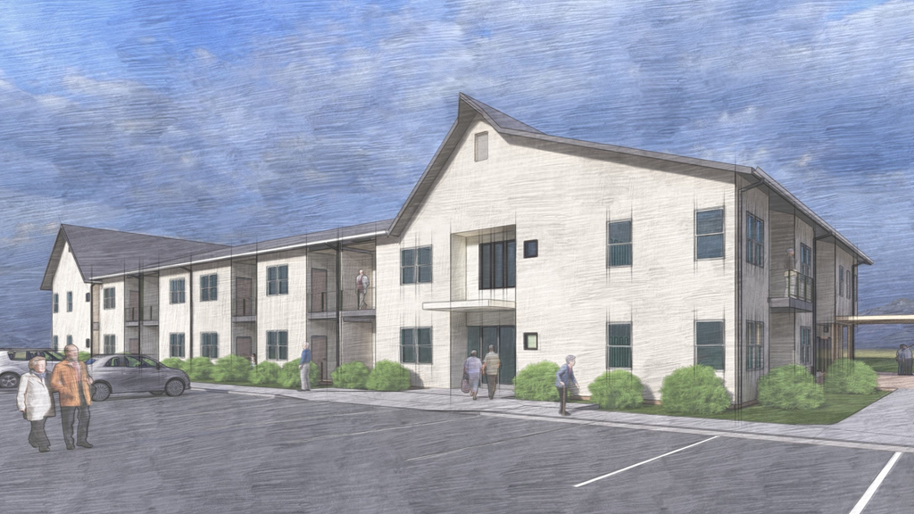 a rendering of a white building with people walking in front of it