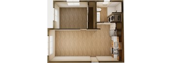 A kitchen with wooden walls and a skylight.