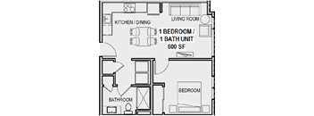 A floor plan of a one bedroom apartment with a bathroom and a living room.