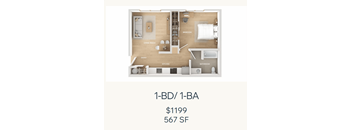 A floor plan of a one bedroom, one bathroom apartment for rent for $1199.