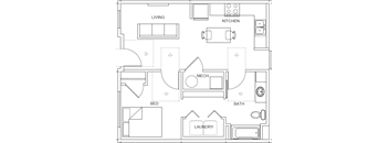 A floor plan of a house with labeled rooms such as living room, kitchen, bedroom, bathroom, and laundry.