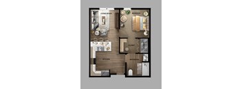 A floor plan of a small apartment with a living room, kitchen, bathroom, and bedroom.