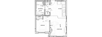 A floor plan of a house with a living room, kitchen, two closets, a bathroom, and a bedroom.