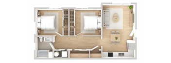 A top-down view of a bedroom with a bed, desk, and chair.