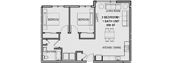 A floor plan of a two bedroom apartment with a living room, kitchen, and bathroom.