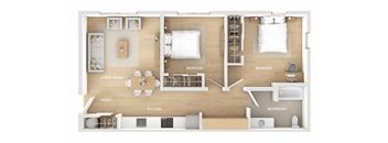A floor plan of a small apartment with two bedrooms, a living room, a kitchen, and a bathroom.