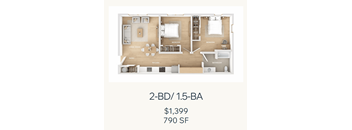 A diagram of a 2-bedroom, 1.5-bathroom apartment priced at $1,399 per month.