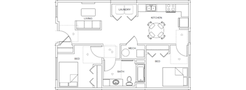 A floor plan of a small apartment with a living room, kitchen, two bedrooms, and a bathroom.