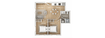 A floor plan of a house with two bedrooms, a living room, kitchen, and bathroom.
