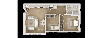 A floor plan of a house with a living room, two bedrooms, a kitchen, a bathroom, and an entry.