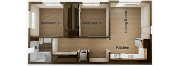 A diagram of a small apartment with a living room, kitchen, and two bedrooms.