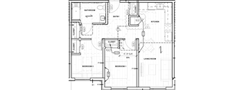 A floor plan of a house with a living room, kitchen, two bedrooms, a bathroom, and two closets.