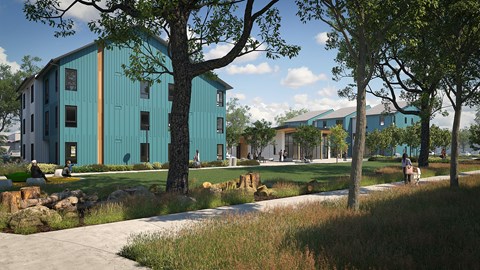 a rendering of a green building with trees and a sidewalk