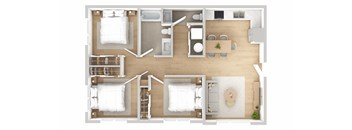 A top-down view of a house layout with two bedrooms, a living room, a kitchen, and a dining area.